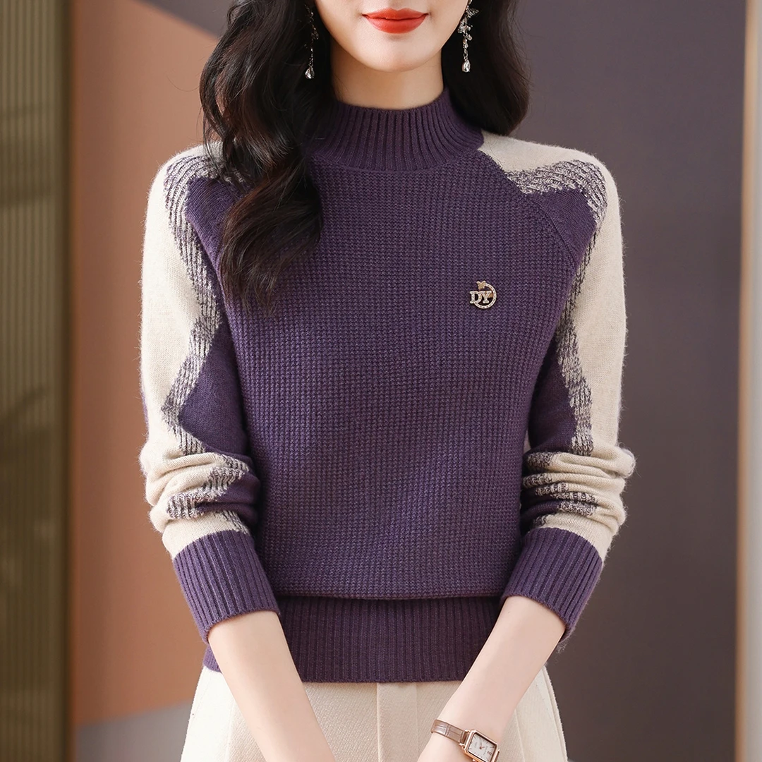 洋气撞色半高领针织衫女时尚百搭宽松加厚打底衫秋冬简约套头上衣