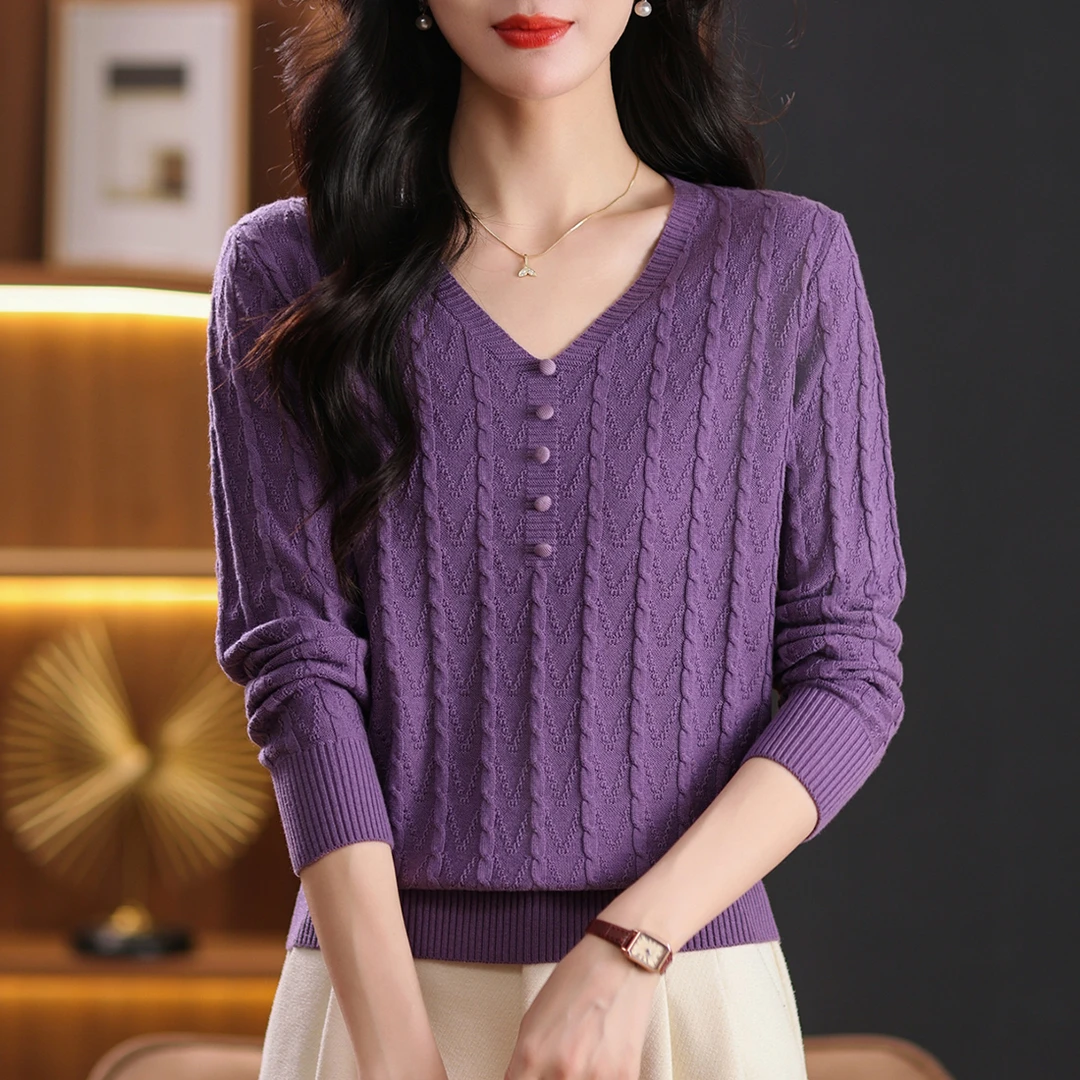 洋气提花V领针织衫女士春秋时尚百搭套头上衣宽松显瘦简约妈妈装