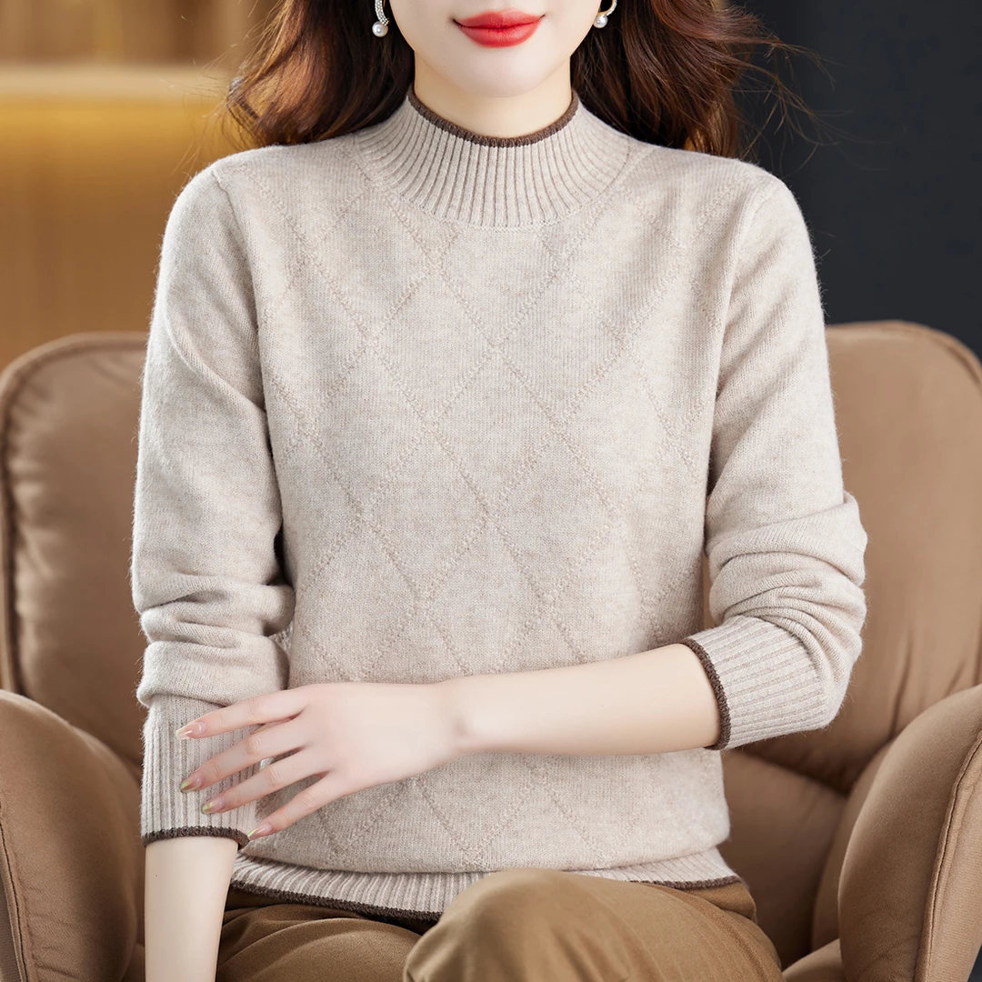 洋气撞色半高领针织衫女时尚百搭宽松加厚打底衫秋冬简约套头上衣