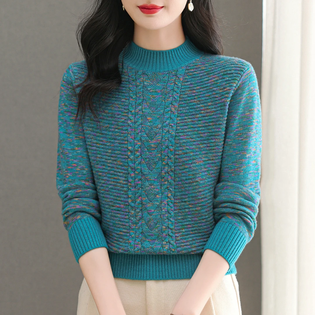 洋气花色半高领针织衫女时尚百搭宽松加厚打底衫冬季新款套头毛衫