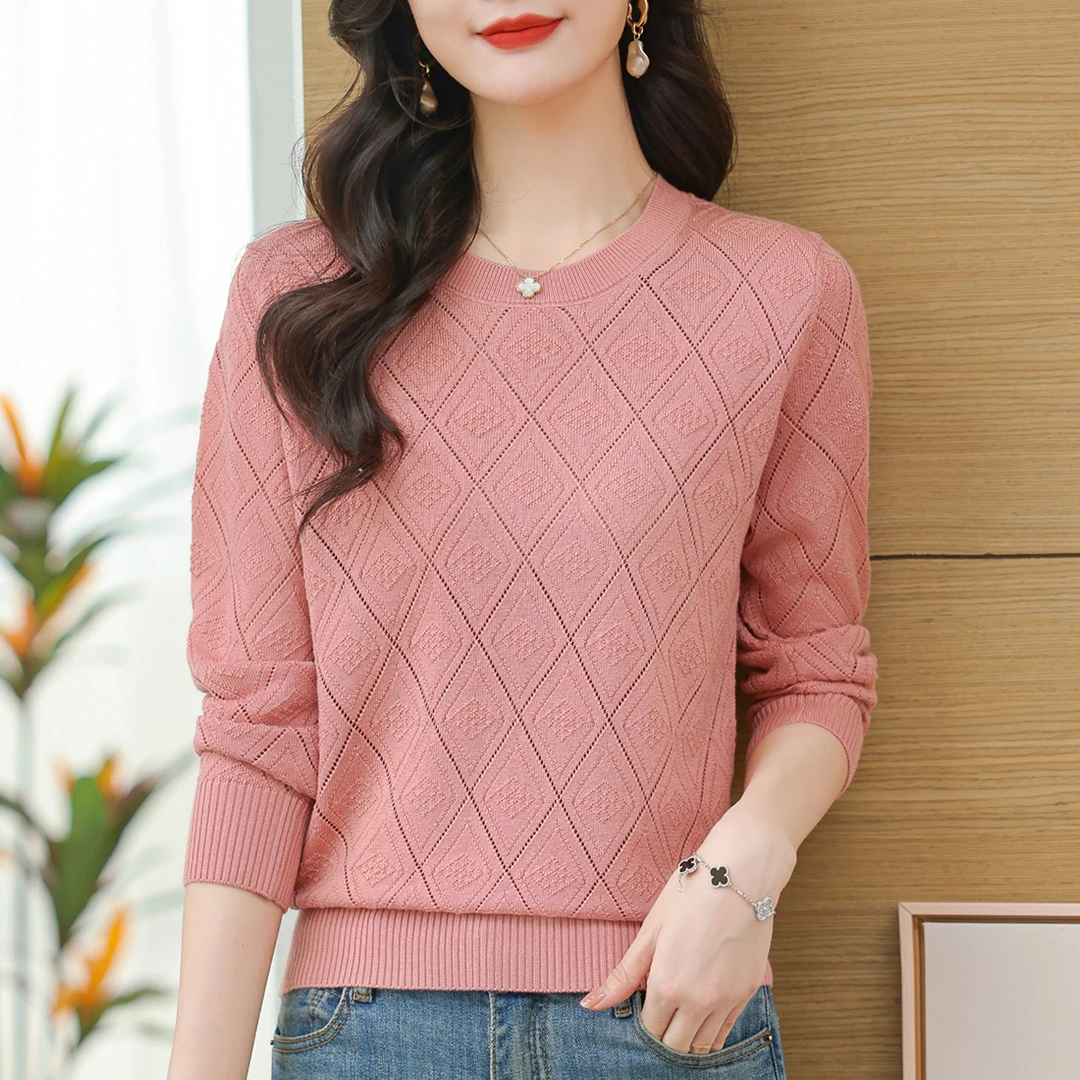 洋气菱形镂空长袖针织衫女2024年新款时尚百搭宽松圆领春秋上衣薄