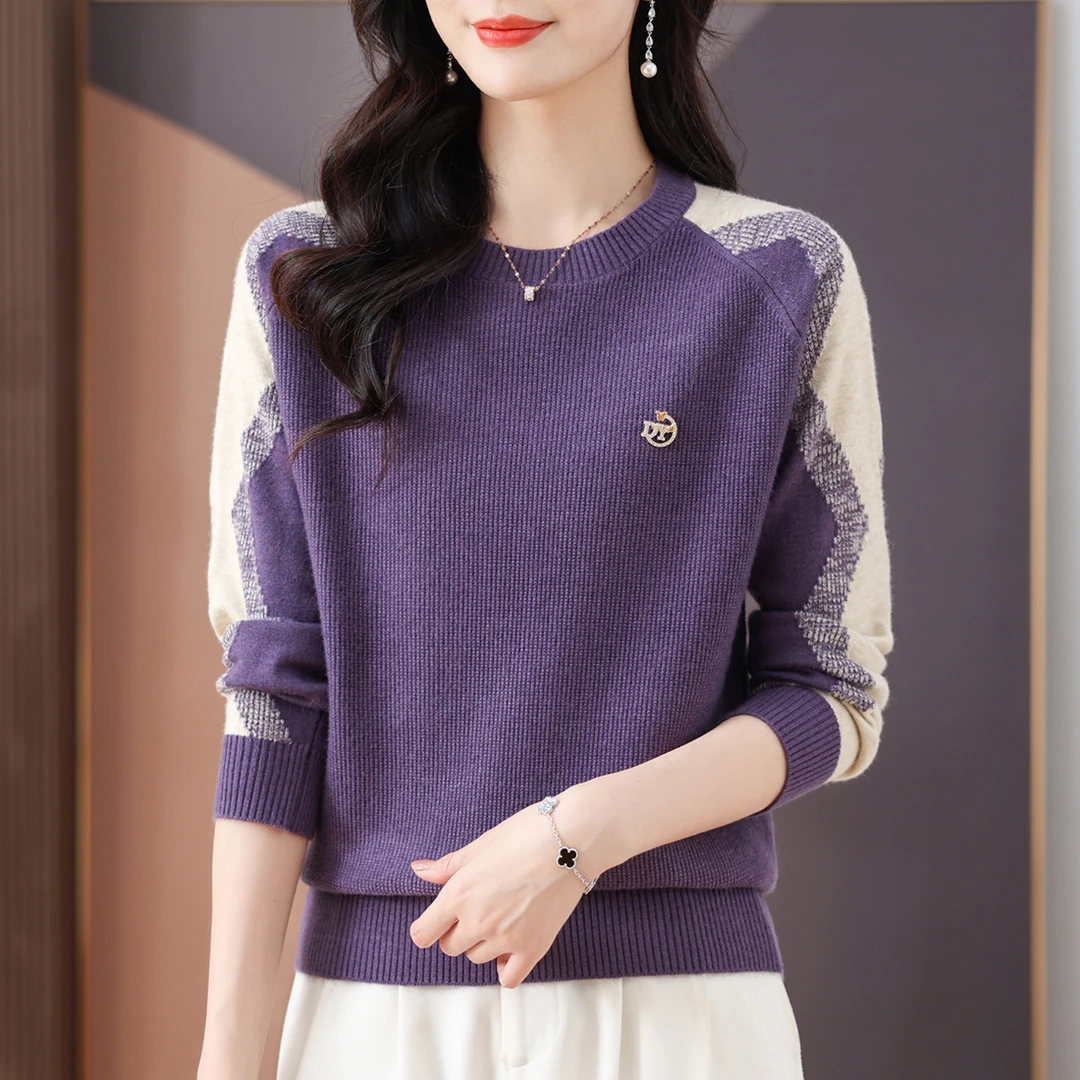 时尚撞色圆领针织衫女士休闲百搭宽松显瘦上衣春秋洋气简约妈妈装