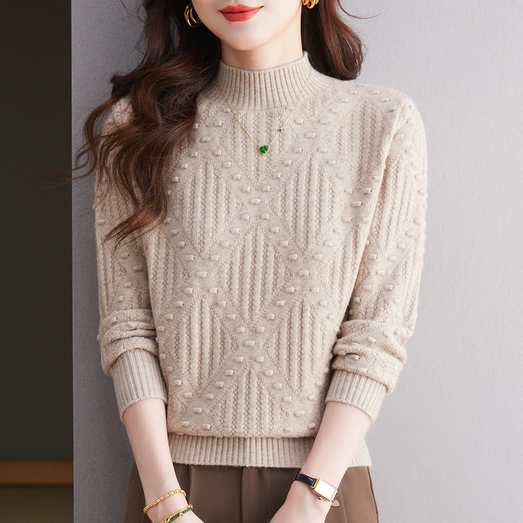 洋气重工提花针织衫女时尚百搭加厚半高领打底衫秋冬宽松套头毛衣