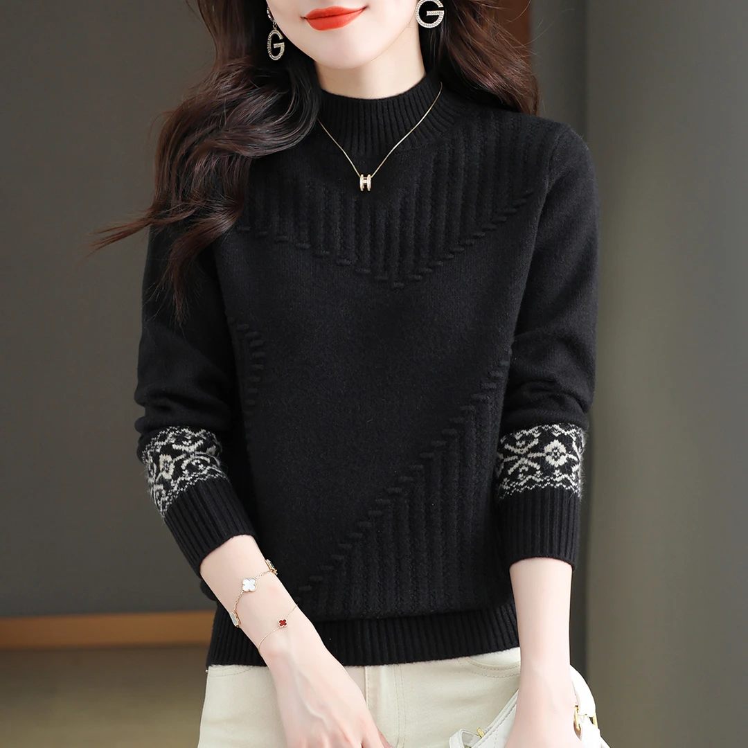 冬季提花黑色针织衫女加厚保暖半高领打底毛衣洋气宽松内搭毛衫