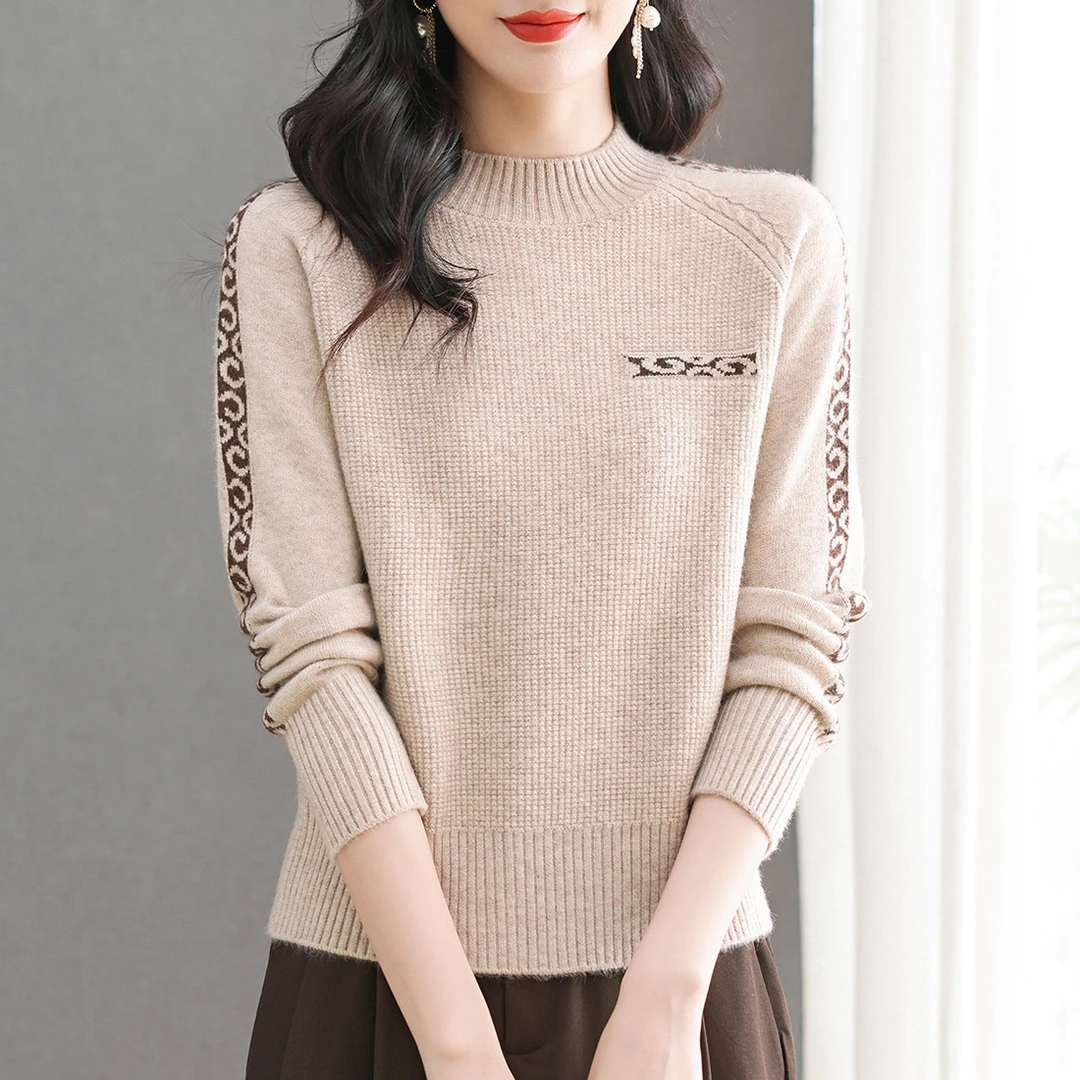 洋气花纹半高领针织衫女时尚百搭宽松加厚打底衫秋冬休闲套头毛衣