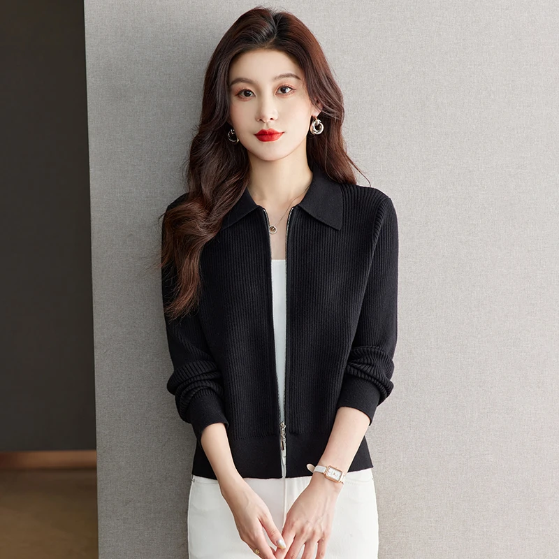 洋气翻领竖纹针织开衫女式春秋时尚拉链短款外搭宽松显瘦休闲小衫