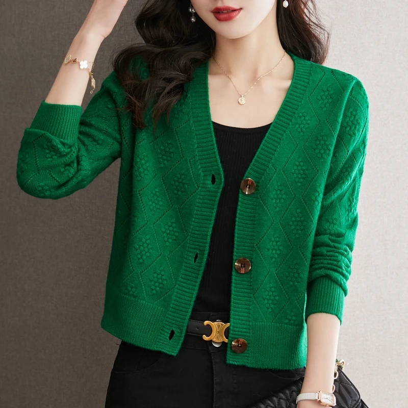 洋气V领镂空提花开衫春秋简约气质百搭小衫短款时尚纯色针织外搭