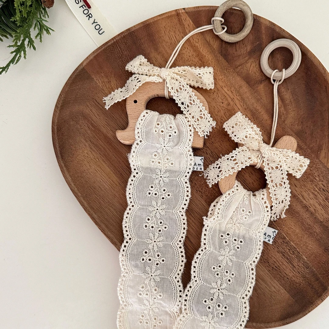 【凑满19.9包邮】实用棉布刺绣花边木质小象兔兔发饰收纳带发夹挂带