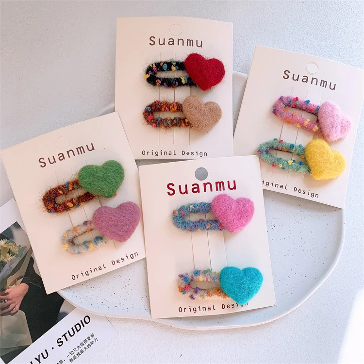 【满19.9包邮】羊毛毡爱心彩色发夹毛线发圈皮筋头绳对装发绳头饰