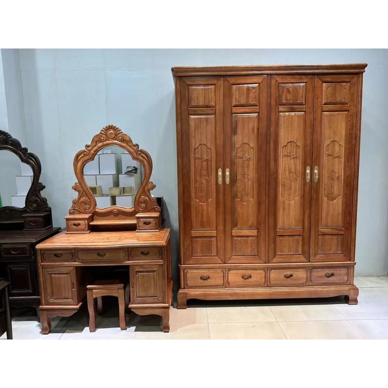 南美檀木卧室衣橱新中式简约雕花成套古典双人双门四门六雕花衣柜