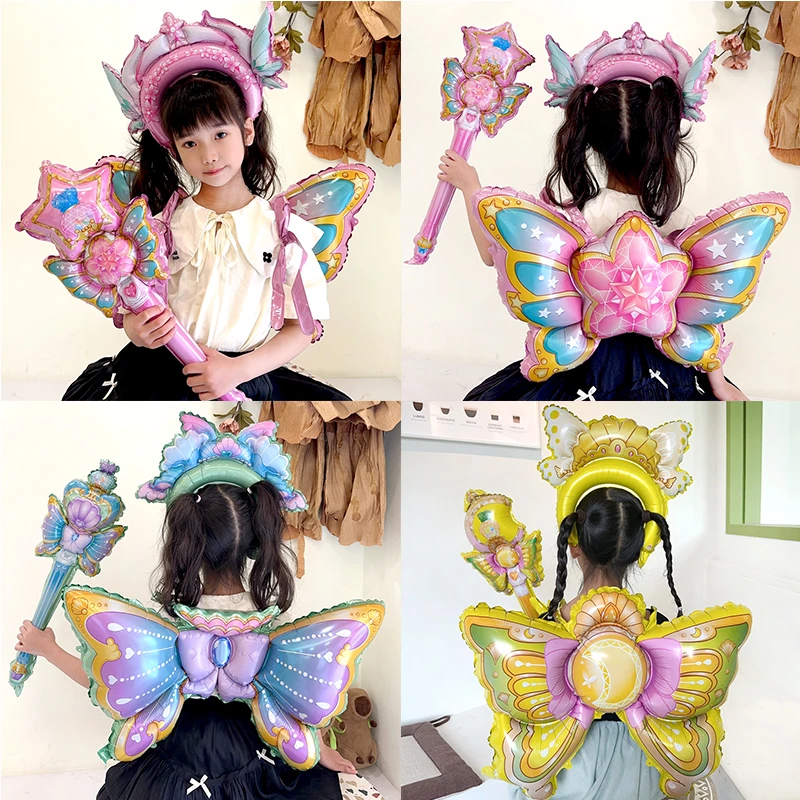 新款卡通小魔仙铝膜气球翅膀手持魔法棒发箍女孩生日装饰场景布置