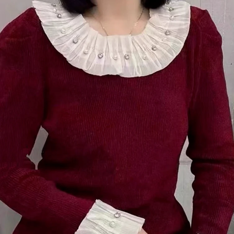 【七彩人生】12钉珠花边领天鹅绒针织衫