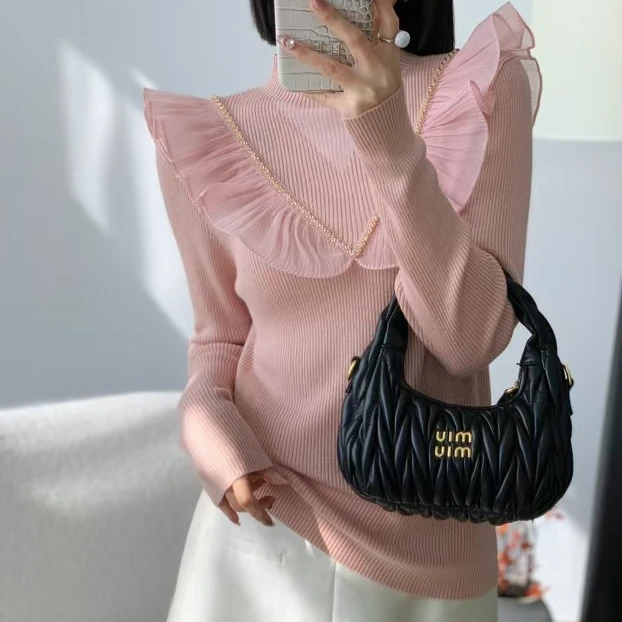 时尚潮款显瘦荷叶边拼接毛针织衫