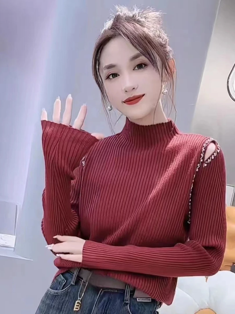 0706重工串珠露肩毛针织衫