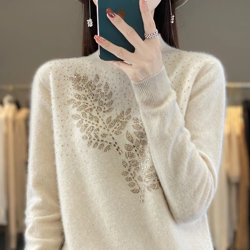 【门店299】烫钻羊毛女士！半高修身打底针织加厚时尚简约2304