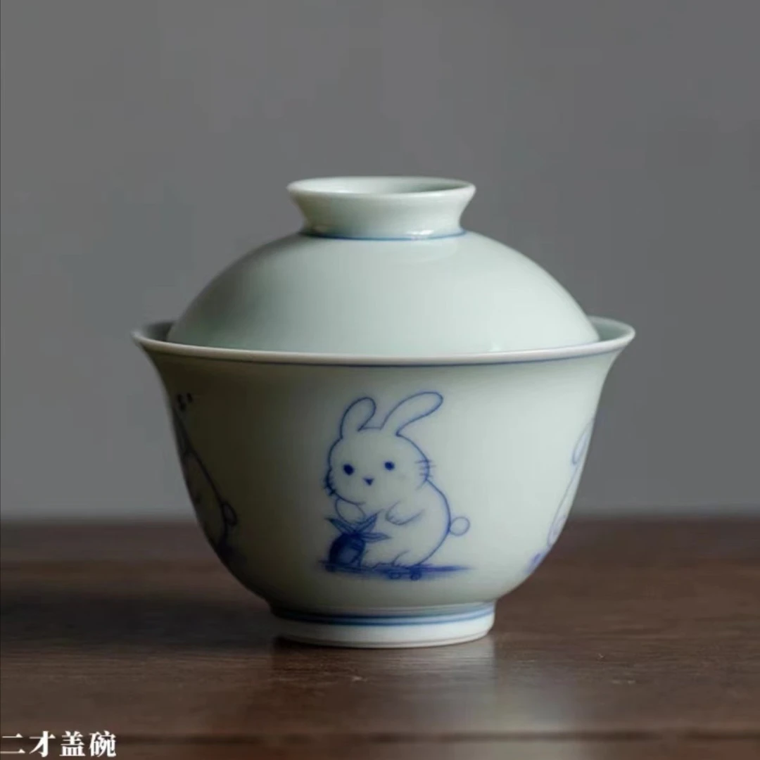 青花萌兔盖碗