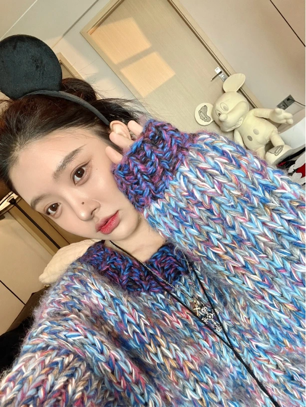 方13【粗针手工彩色毛衣】秋冬毛织拼色圆领短款彩色毛衣WDT4519026