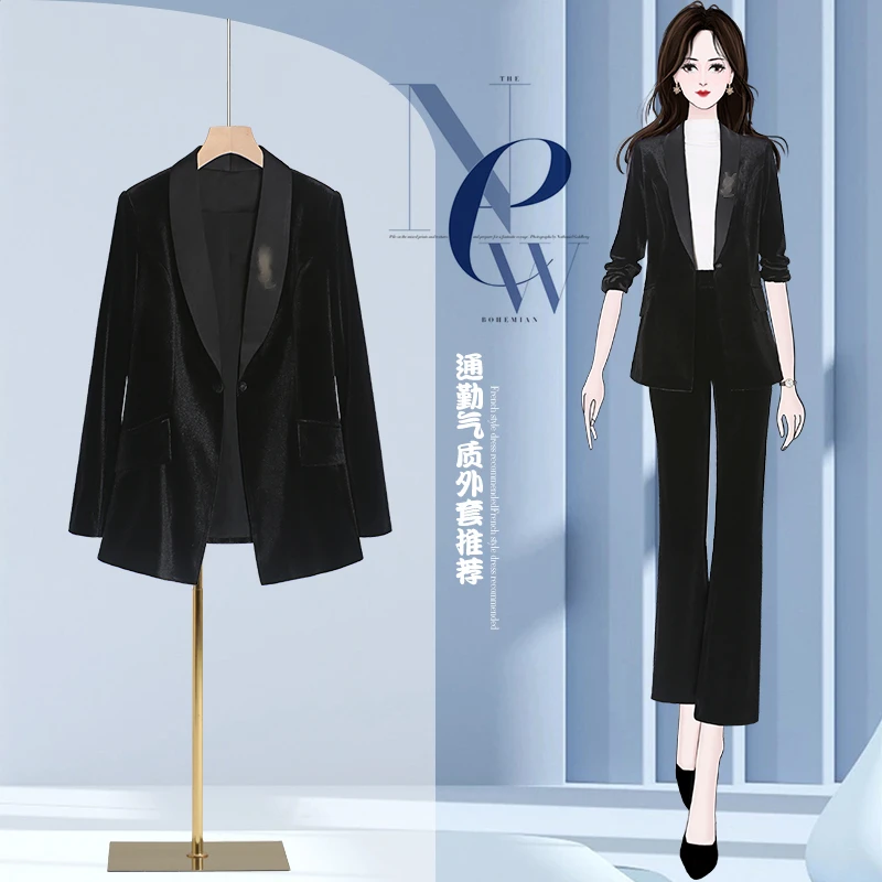 4131金丝绒黑色西装外套女秋冬新款高端时尚西服气质修身百搭上衣