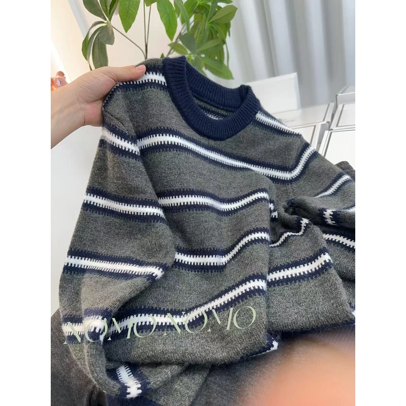 【北海道~蓝条圆领】2024新款百搭时尚套头针织衫A22