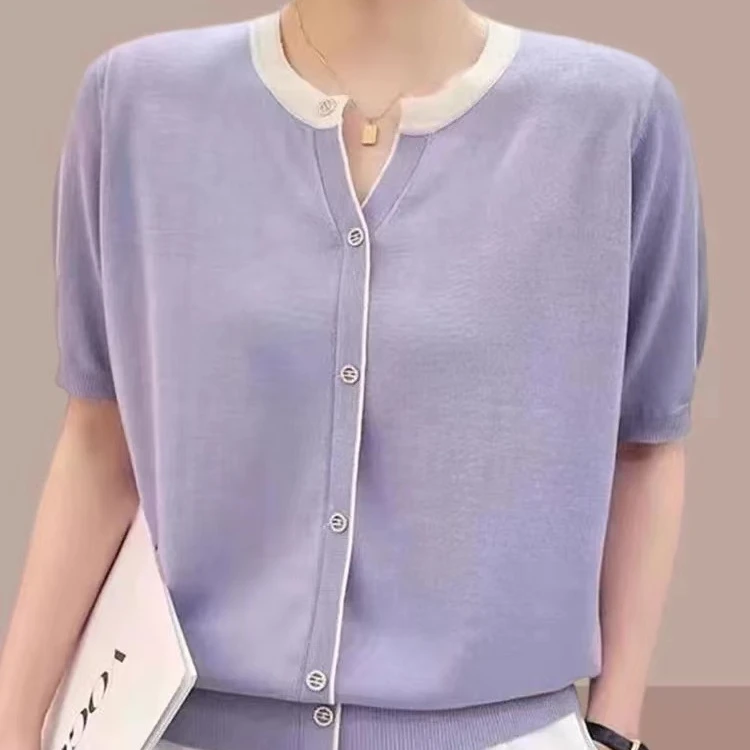 【短袖`香芋紫】2024新款时尚百搭套头针织衫上档次高品质A217
