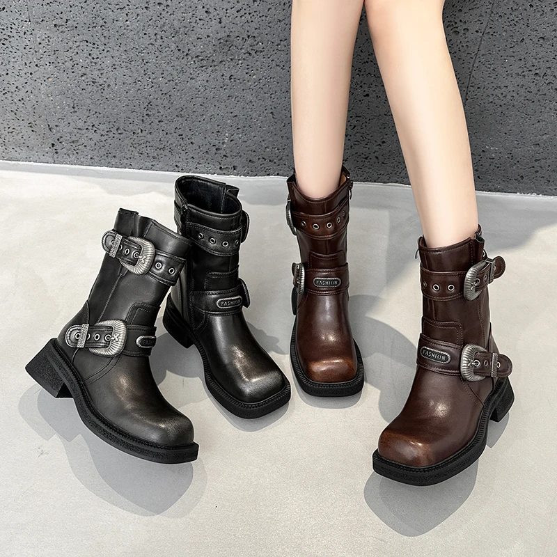 粗跟短靴女时尚美拉德2024新款真皮复古擦色骑士靴百搭中筒马丁靴