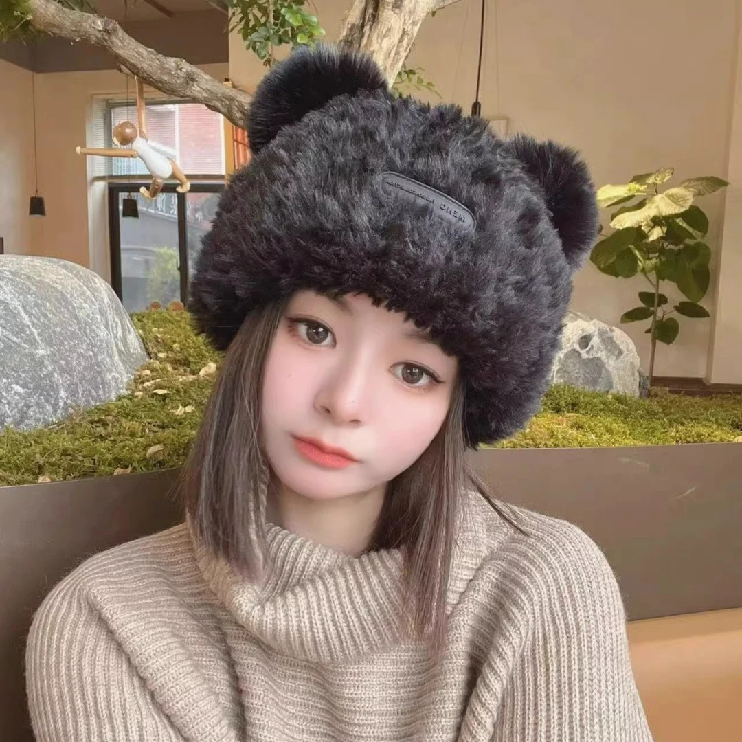 考拉可爱小熊毛线帽女毛绒保暖毛毛秋冬大头围百搭加厚针织帽防寒
