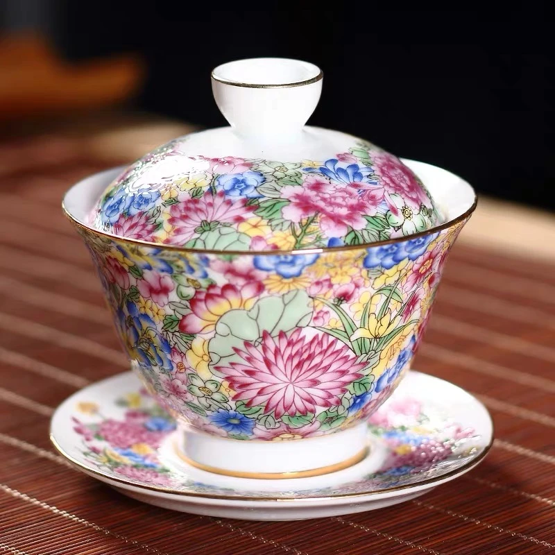 珐琅彩功夫茶碗三才盖碗茶杯彩绘陶瓷扒花茶具套装单个家用敬茶碗