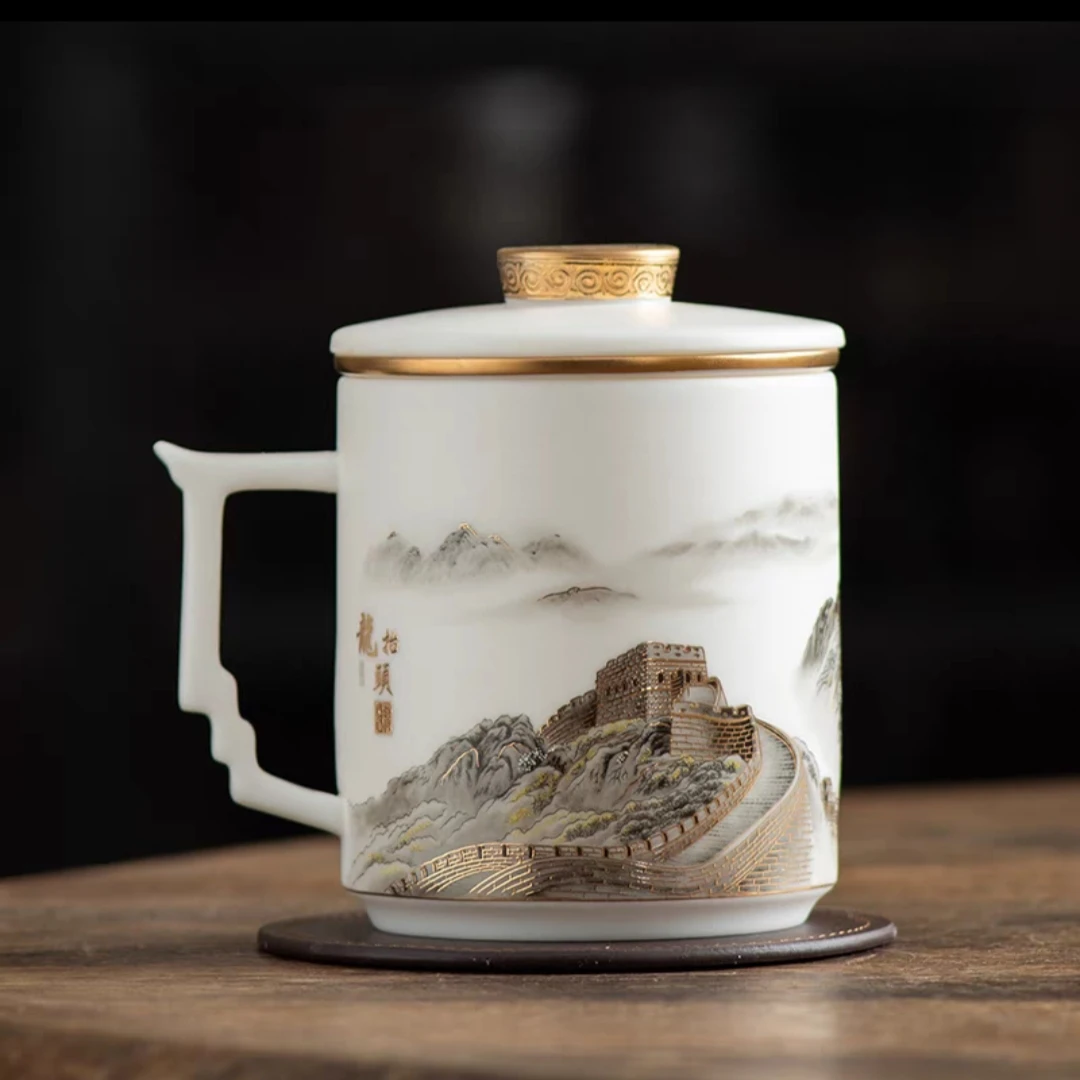 高档陶瓷大容量龙抬头长城羊脂玉瓷手把茶水分离带盖水杯办公茶杯