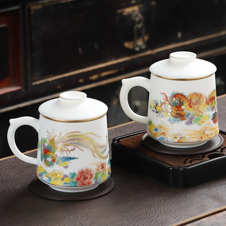 德化高档夫妻描金羊脂玉瓷陶瓷龙凤情侣办公杯会议带盖内胆茶水杯