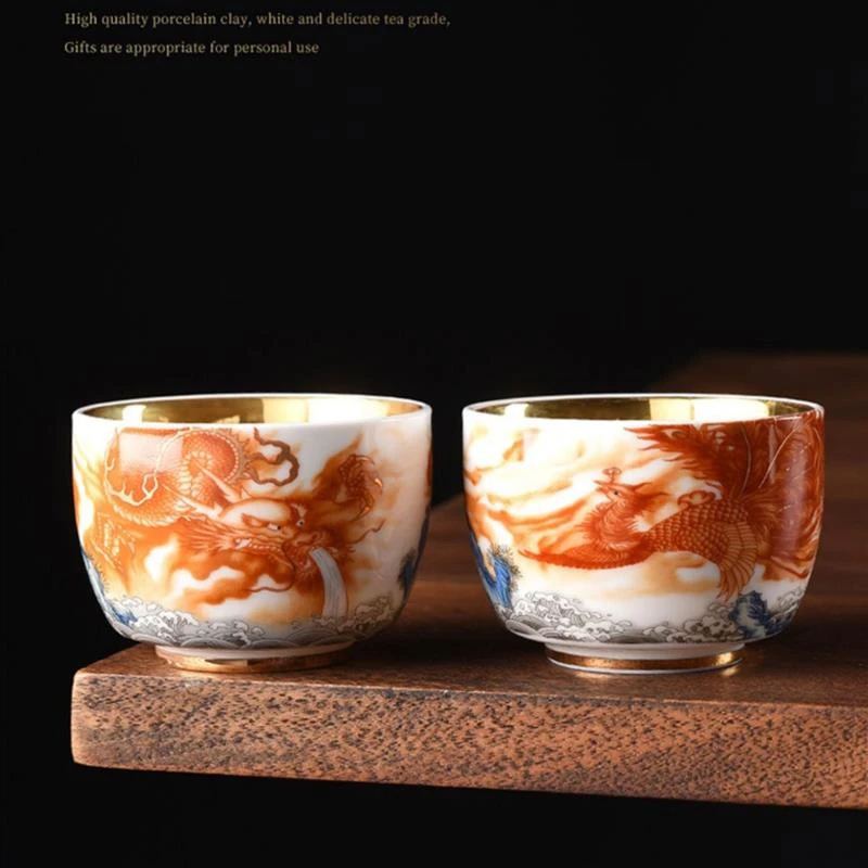 高档龙凤情侣鎏金防烫对杯陶瓷茶具主人杯茶盏送礼佳品金色特卖