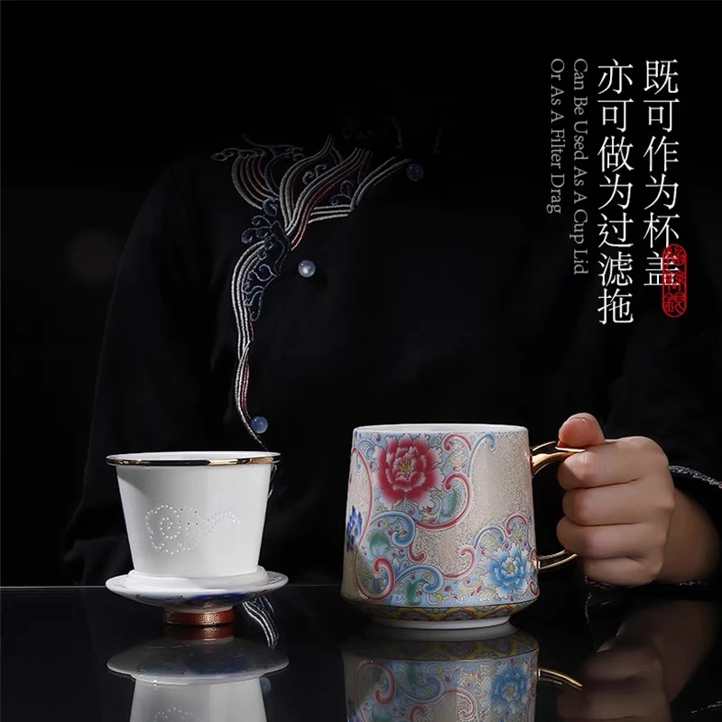德化白瓷茶水分离泡茶杯办公室有盖过滤杯轻奢掐丝银主人杯礼盒装