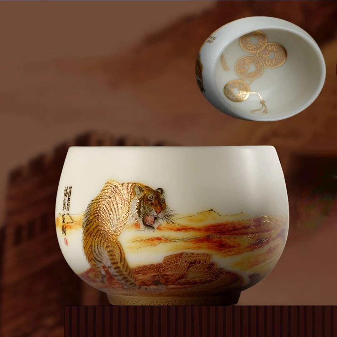 手工高档创意老虎茶杯主人杯礼品手绘品茗杯鎏金茶具套装描金盒装