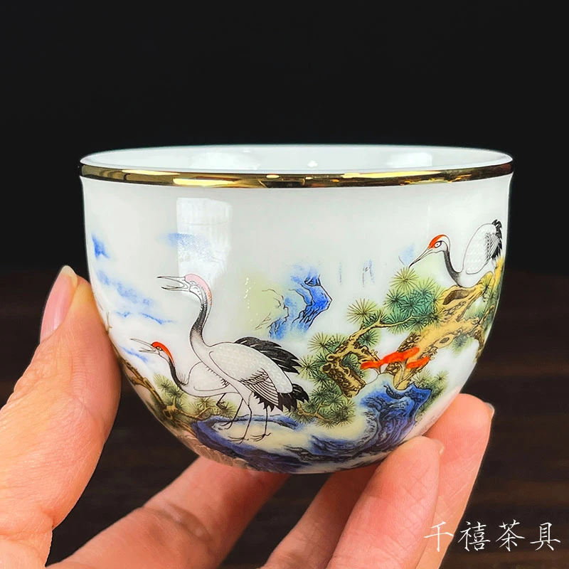 轻奢家用纯手工仙鹤主人杯白瓷个人专用茶杯复古珐琅彩功夫品茗杯
