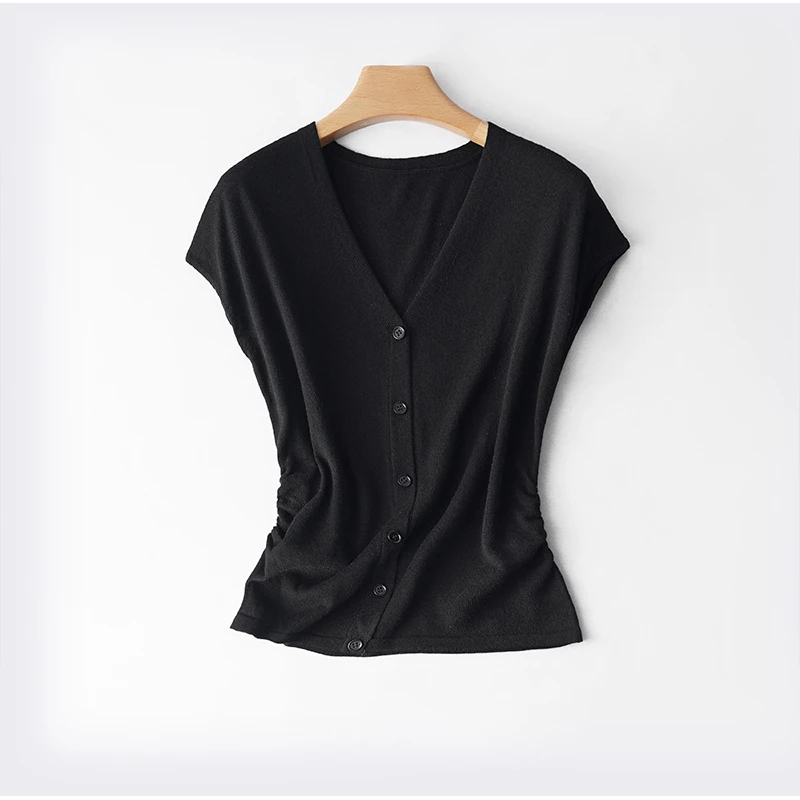 【媛心】气质微弹V领短袖T恤针织衫女新款套头毛衣上衣针织衫百搭