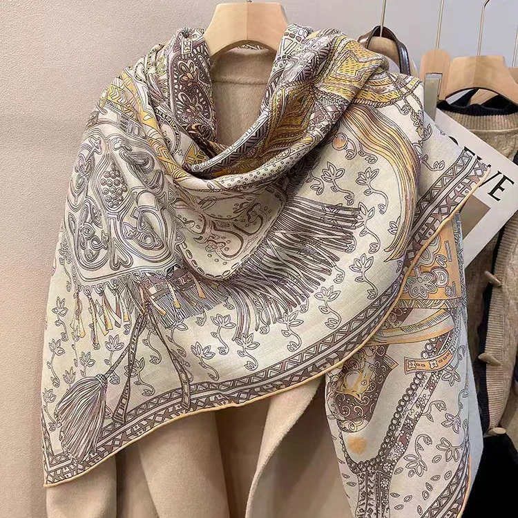 桑蚕丝羊毛【异域骑士130方巾】真丝毛手工卷边女秋冬丝巾围巾披肩