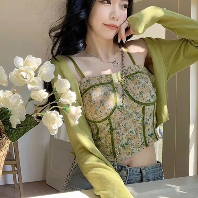 【裴诗婷 】TZ0122碎花吊带针织开衫套装开衫短款背心吊带两件套