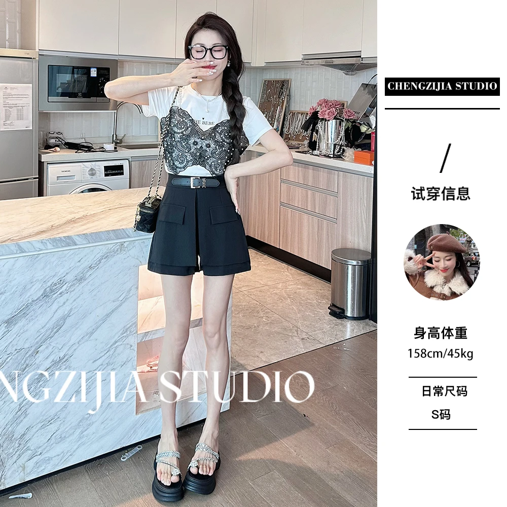 【裴诗婷】TZ0393蝴蝶蕾丝T恤两件套套装
