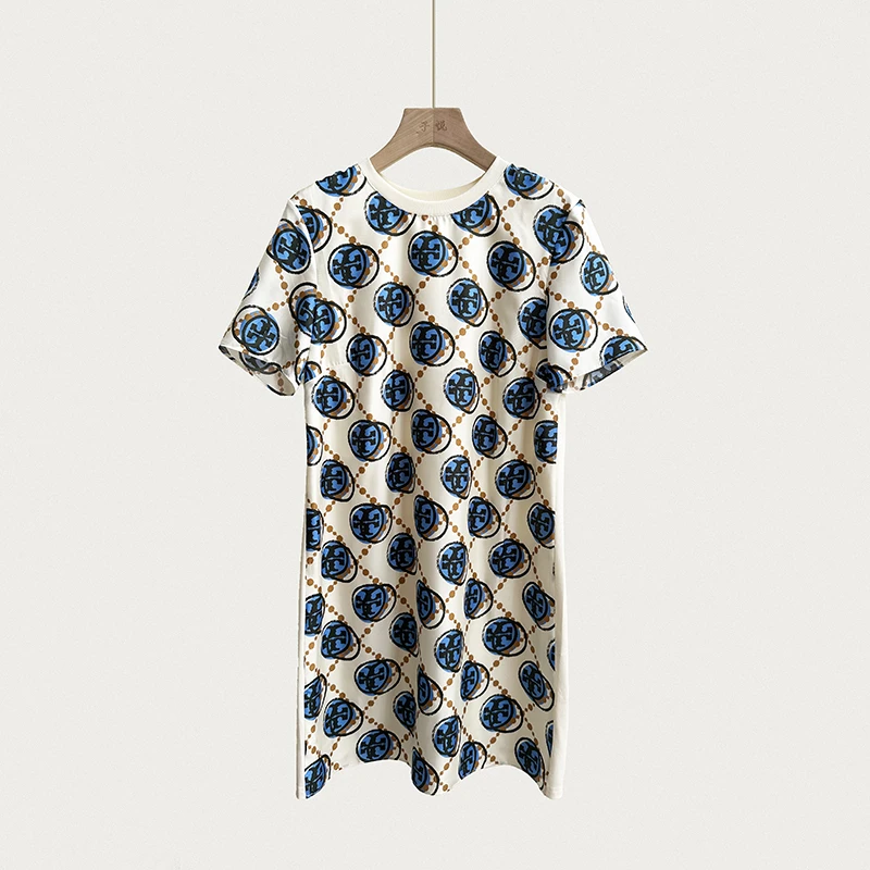 24夏季新款  时髦优雅气质宽松休闲圆领印花短袖直筒连衣裙