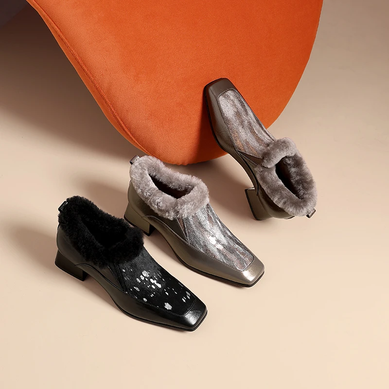 AMEINOR艾瑂儿2024冬季新款加绒保暖方头马毛粗跟真皮低跟单鞋女