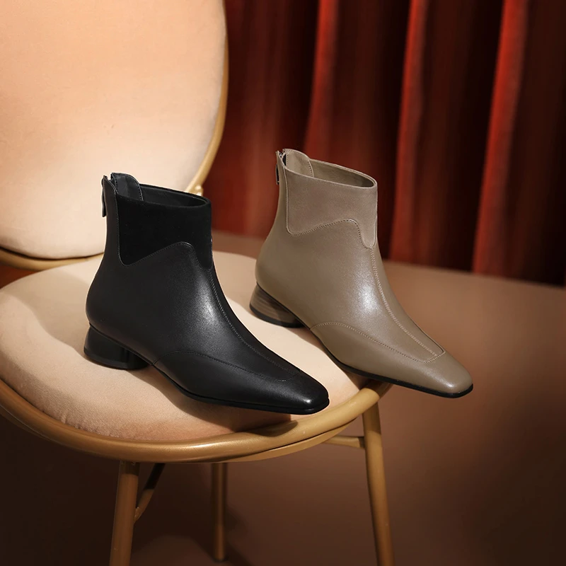 AMEINOR艾瑂儿2024年冬季新款真皮瘦瘦靴粗跟时尚显瘦百搭短靴女