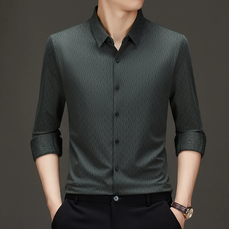 【高弹免烫】男士易打理长袖衬衫条纹衬衣新款秋季商务无痕男士衬衫