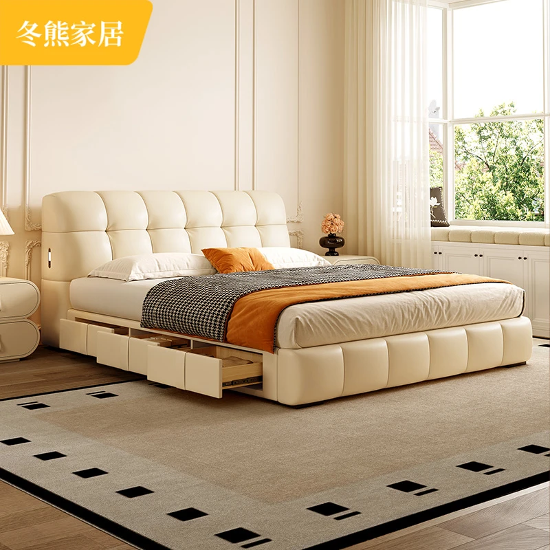 冬熊家具【国补】奶油云朵泡芙床主卧双人床储物带三抽真皮床PC227