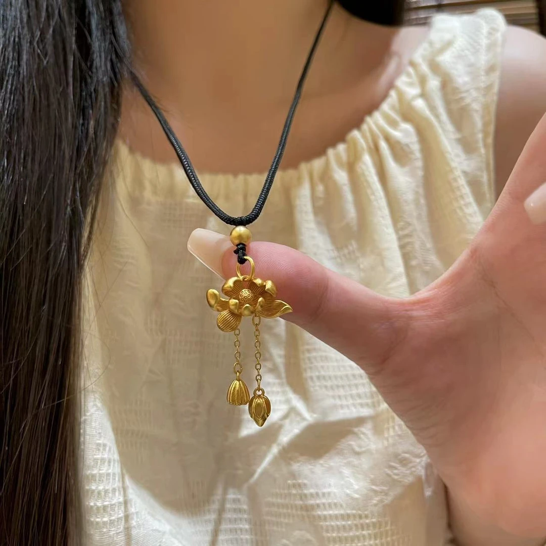 合金吊坠 古法荷花吊坠项链荷花两世欢流苏莲手工编黑绳