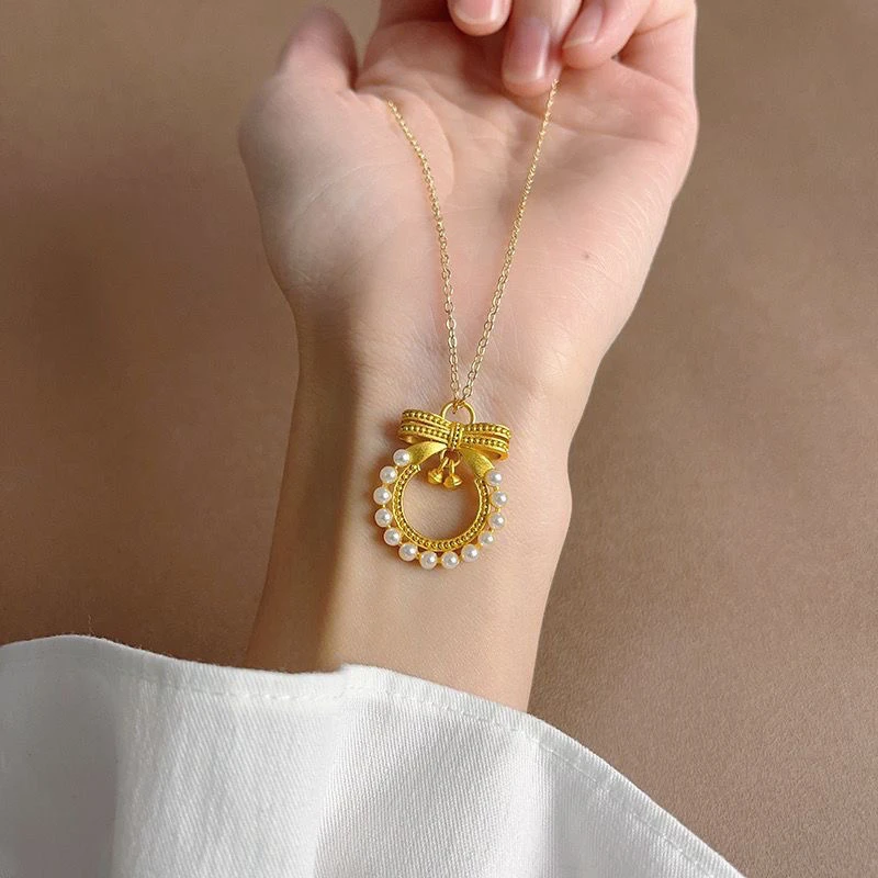 合金项链 蝴蝶结花环项链时尚气质坠链镶嵌精美甜美仙女吊坠