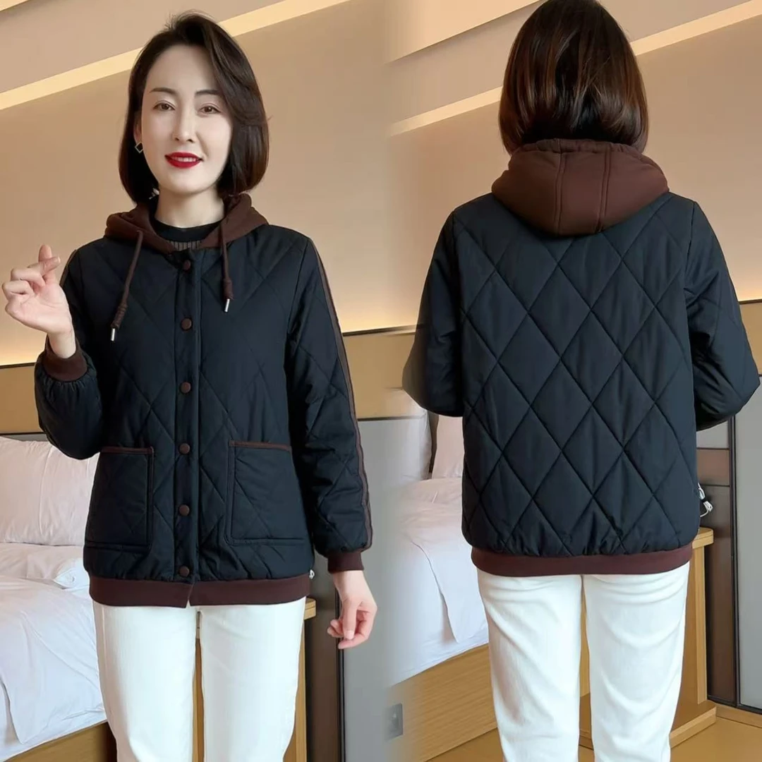 冬季时尚妈妈装加棉保暖连帽外套G中年女装新款宽松大码休闲棉服