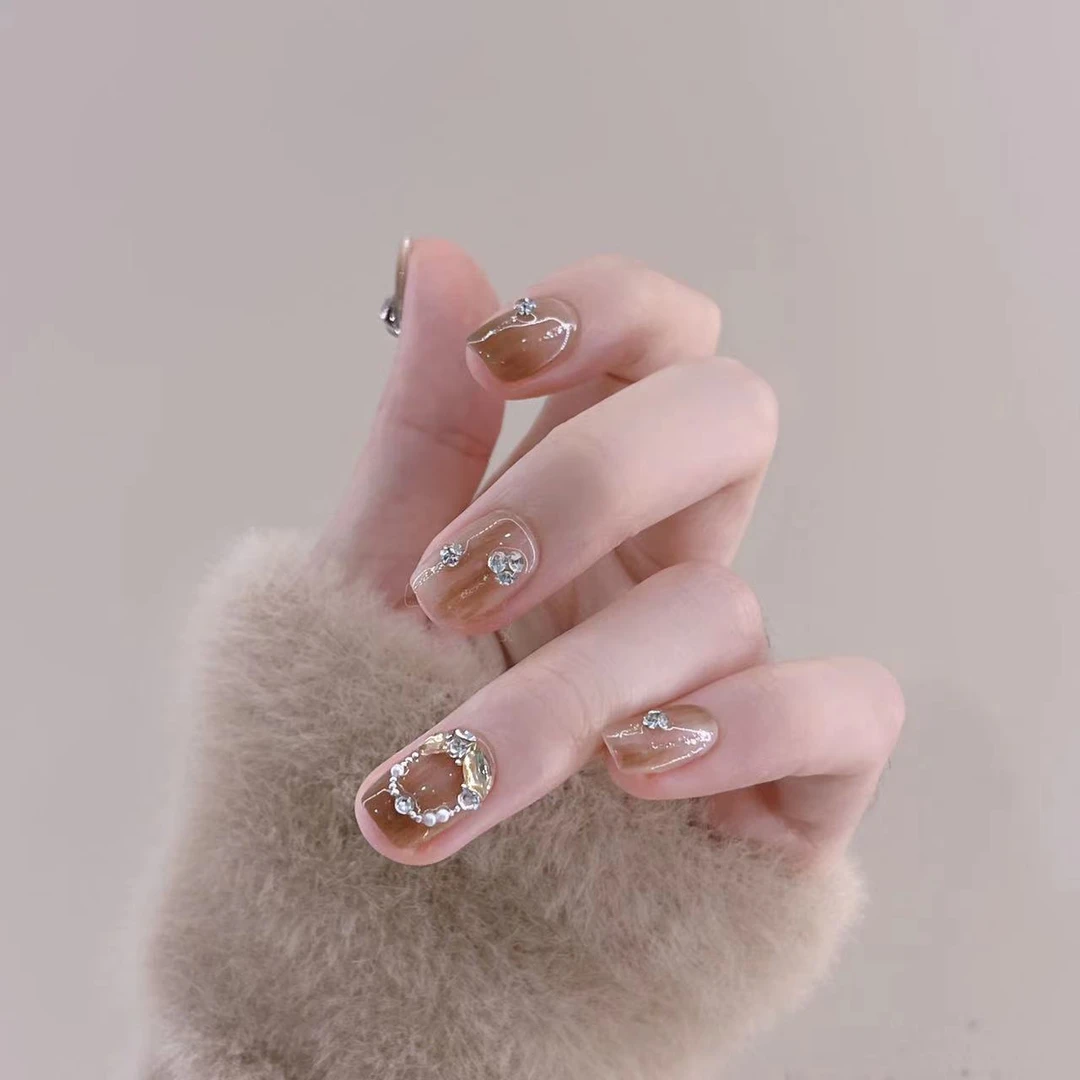 【长岛冰茶】花子FLOWER设计感纯手工穿戴甲 冷棕色底色晕染堆钻甲