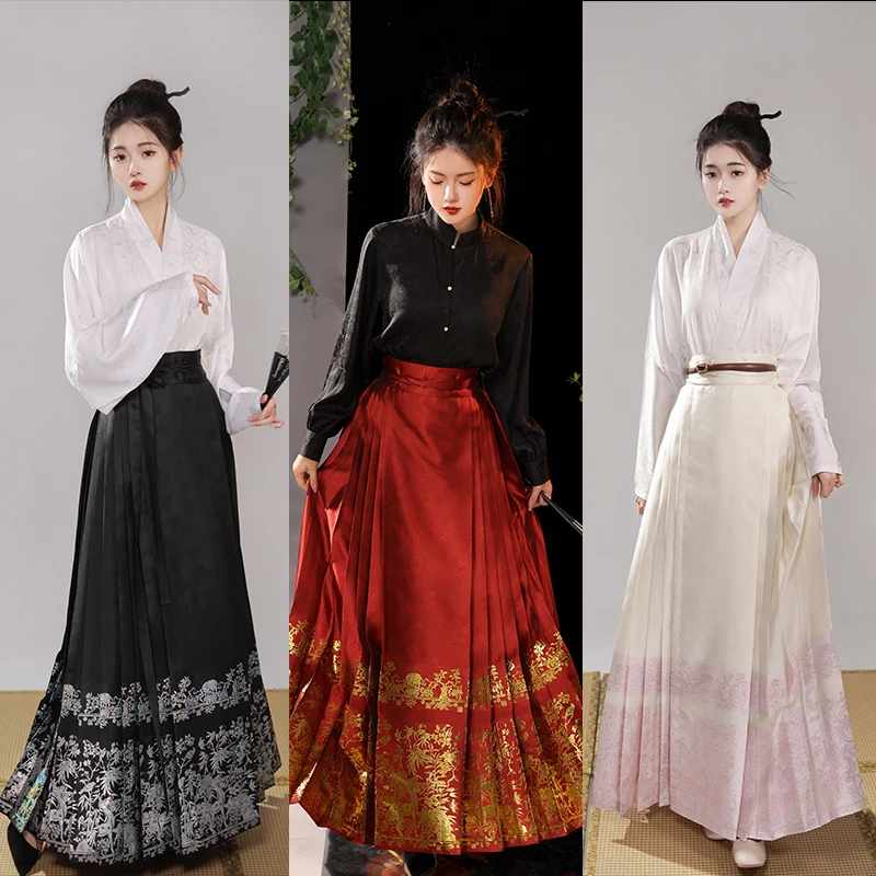 昼雪呦呦鹿鸣汉服国风日常明制仿螺钿幻彩织金6对褶马面裙