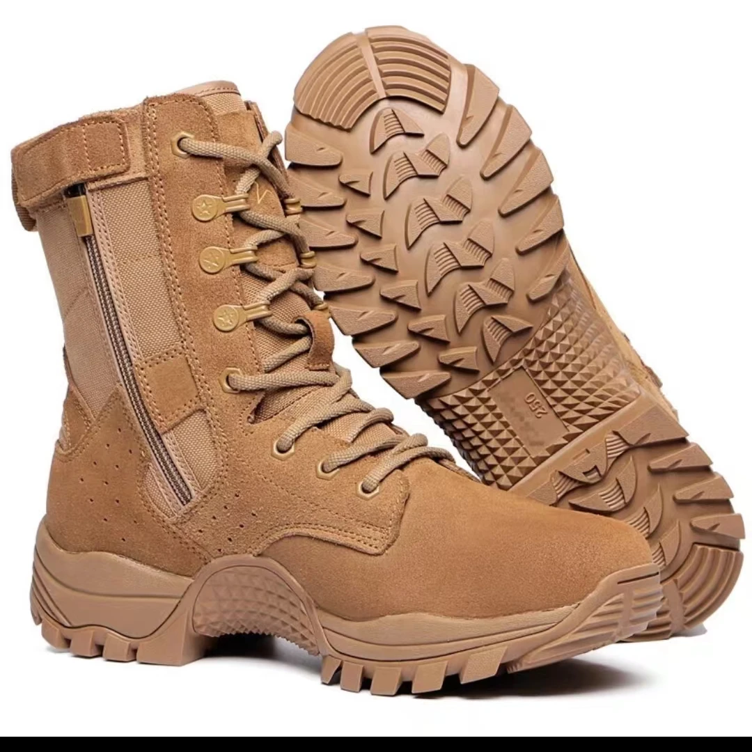 棕色高邦作战靴侧拉链21反绒皮透气耐磨轻便徒步登山靴训练鞋高帮
