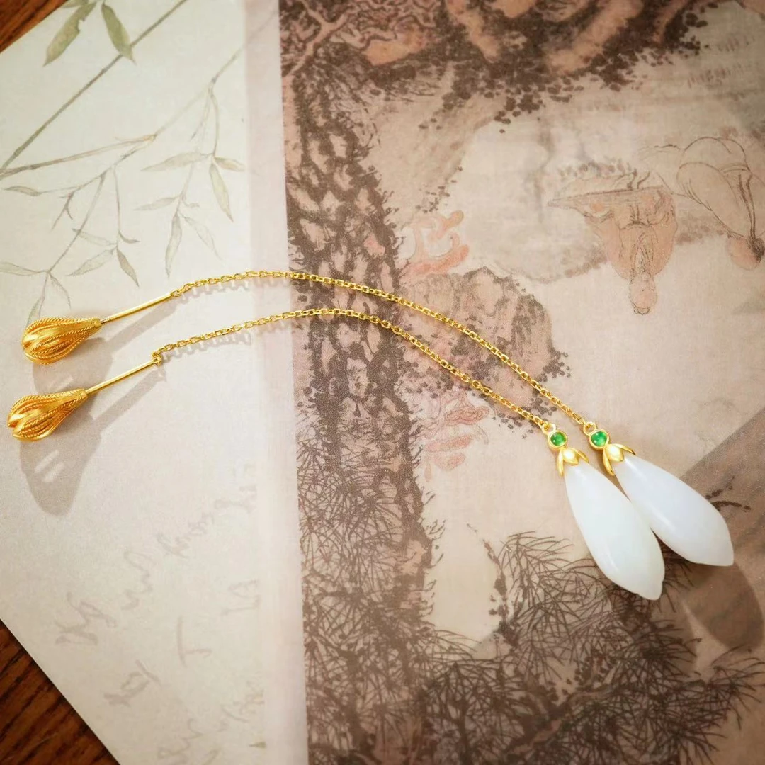 【长相思】18k金和田葫芦玉兰耳线耳饰（104）按图发货 多样性发货