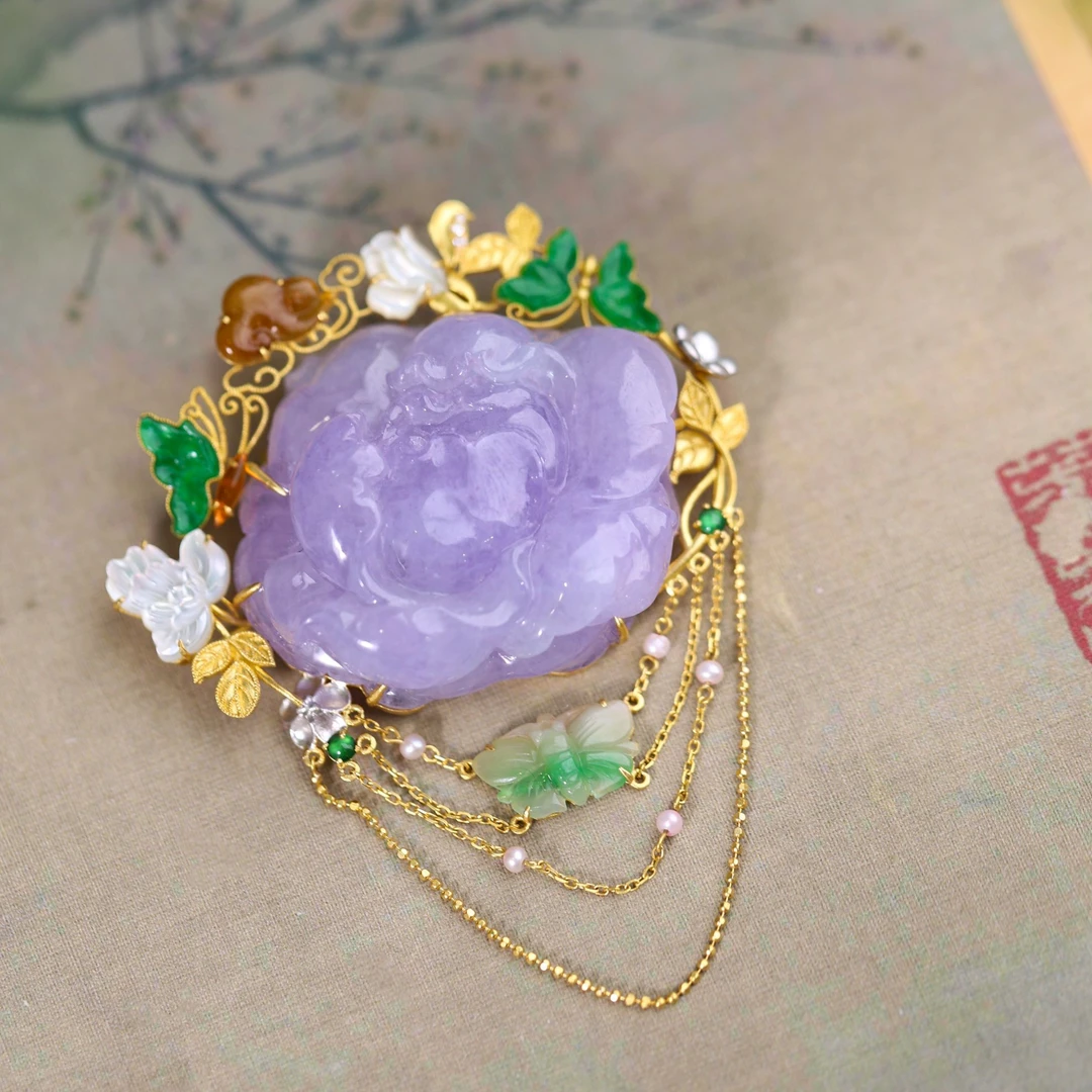 【绕芳丛】原创国风新中式定制珠宝18k金镶翡翠紫罗兰胸针吊坠